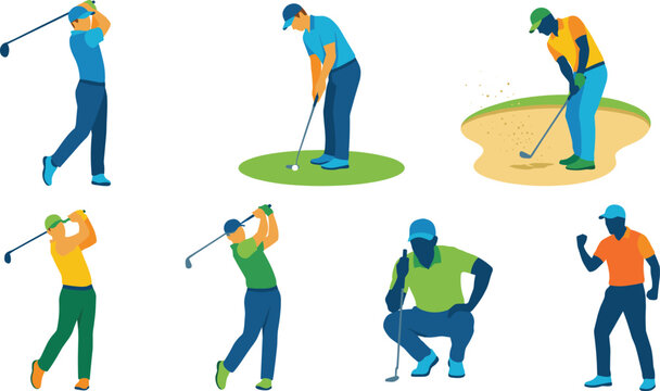Colorful golfer illustrations set showing swings, putting, bunker shots, and celebration poses