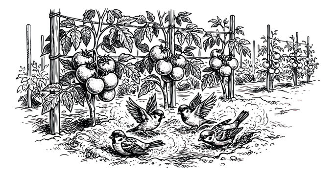 Vintage engraving of sparrows in a tomato garden, antique woodcut illustration of birds bathing in soil, rustic farm scene with tomato plants on trellises