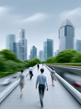 A powerful vertical shot of a bustling financial district with multinational corporations and diverse investors, reflecting the long-term growth potential in international investments, Magazine