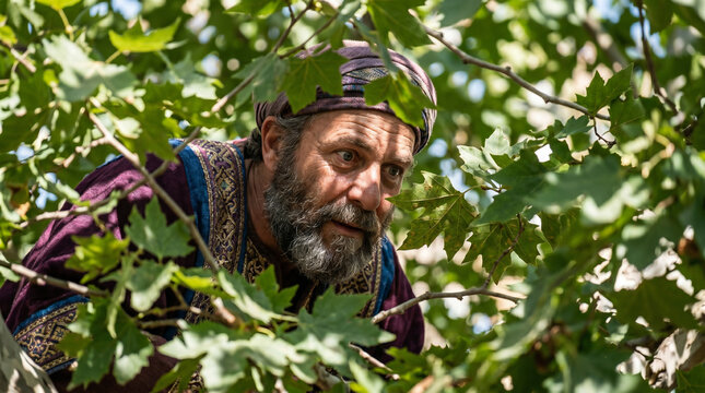 Zacchaeus the tax collector climbing a leafy sycamore tree to see Jesus passing through the crowded streets of Jericho