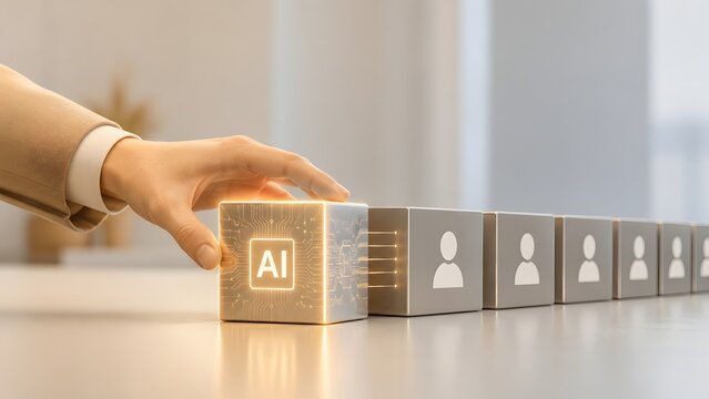 Hand placing glowing artificial intelligence cube among human profile blocks, concept of AI replacing jobs, automation and digital transformation in human resources