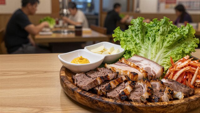 Grilled meat, lettuce, and kimchi on wooden platter in cozy Korean restaurant setting.