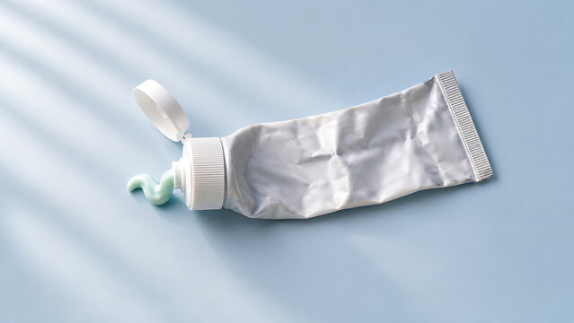 Squeezed toothpaste tube on light blue surface with toothpaste squeezed cosmetic bathroom cleaning freshness minimalist background wellness personal brushing dentalcare