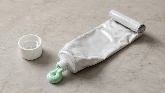 Almost empty squeeze tube of green toothpaste on textured surface with toothpaste squeezed crinkled cosmetic bathroom personal wellness dentalcare packaging recycling