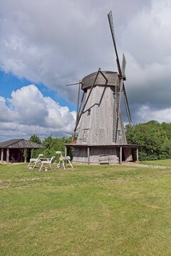 Unique Dutch style wooden windmill built in 1927, located at Angla Windmill Park located on Saaremaa Island in Estonia, Europe.