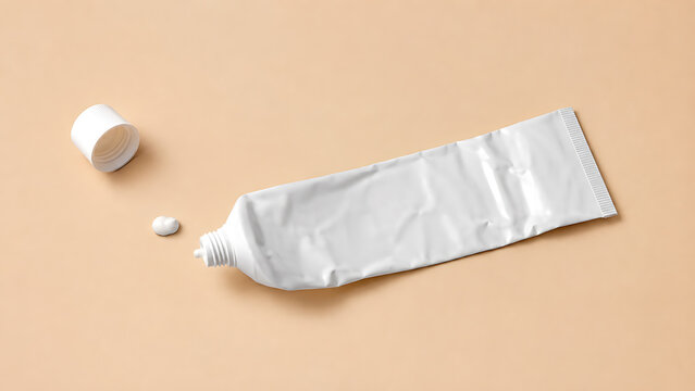 Empty squeeze tube with trace amount of paste on beige surface toothpaste squeezed crinkled cosmetic bathroom personal wellness dentalcare packaging recycling minimalist
