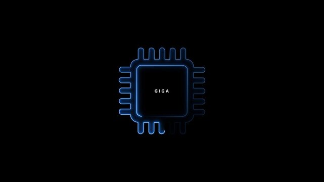 Glowing blue t c p chip microprocessor on black background with neon outline microchip