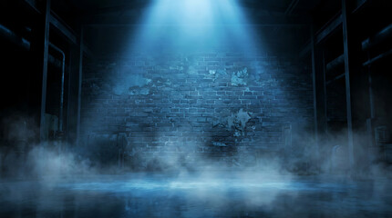 Naklejka premium halloween spooky dark brick wall background with blue light and mysterious fog