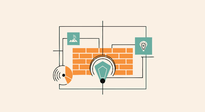 Conceptual technology diagram showing a light bulb firewall and data analytics icons in flat vector style.