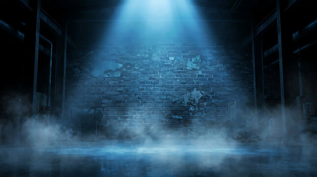 halloween spooky dark brick wall background with blue light and mysterious fog