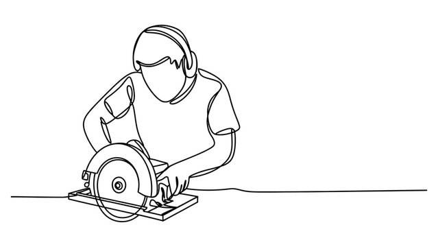 Continuous single line drawing of a carpenter wearing headphones using a circular saw to cut a piece of wood for a construction project in a workshop