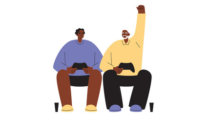 Two men of different generations playing video games and celebrating on a sofa © Dilshad