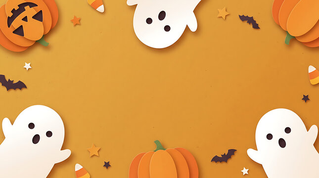 Halloween spooky ghosts and pumpkins with candy corn on orange background composition