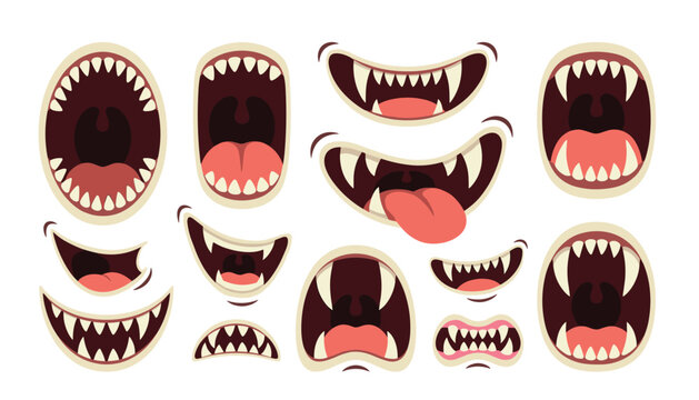 Cartoon monster mouth expressions vector clip art set. Scary collection with sharp teeth, fangs, open jaws, tongues, smiles, roars and spooky halloween creature facial decorations.