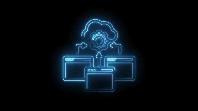Blue neon cloud computing icon with gear and connected browser windows symbolizing data transfer