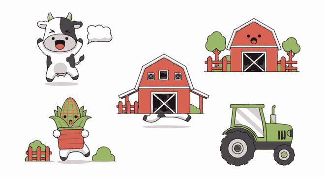 Cute cartoon farm sticker set featuring happy cow red barns green tractor and corn character.