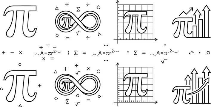 Pi symbol and mathematics line art vector icons set featuring infinity signs grid graphs equations and algebra diagrams