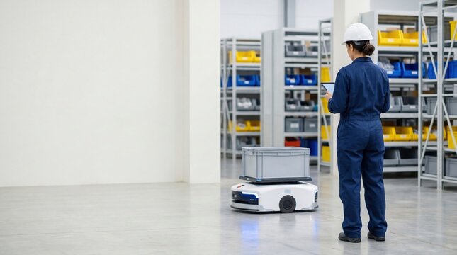 Industrial worker controlling autonomous mobile robot carrying crate in automated warehouse, logistics and smart factory technology concept.