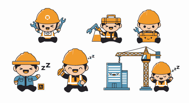 Cute cartoon construction worker character set with builders wearing hard hats and holding tools.