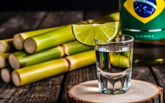 Shot glass of clear cachaca with a lime wedge on a wooden coaster next to sugarcane stalks