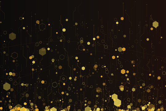 Glowing hexagonal nodes connected by luminous lines on dark background, hexagons yellow