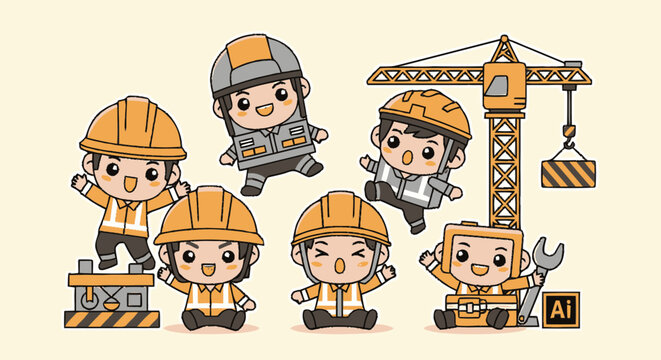 Cute chibi construction workers and builders cartoon character vector illustration set.