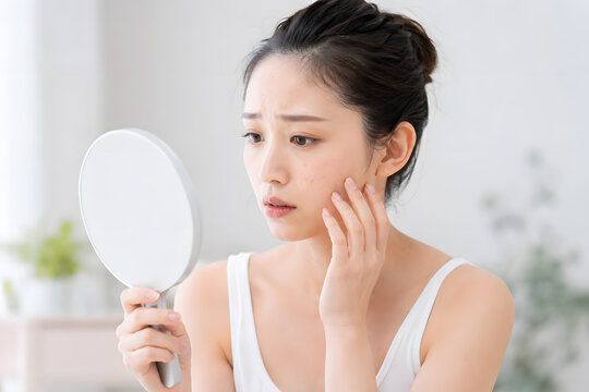 肌トラブルを鏡で確認する若い日本人女性