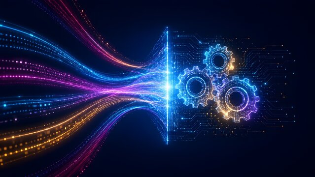High tech digital engineering concept showing glowing blue and gold gears integrating with high speed fiber optic data streams on dark background for advanced computing