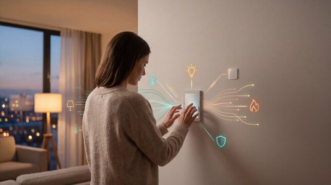 Woman controlling smart home devices via wall panel with holographic icons for lighting, security and temperature in modern apartment