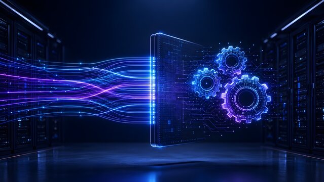 Abstract futuristic data processing visualization with glowing neon gears and vibrant light streams representing artificial intelligence machine learning and high speed digital computing