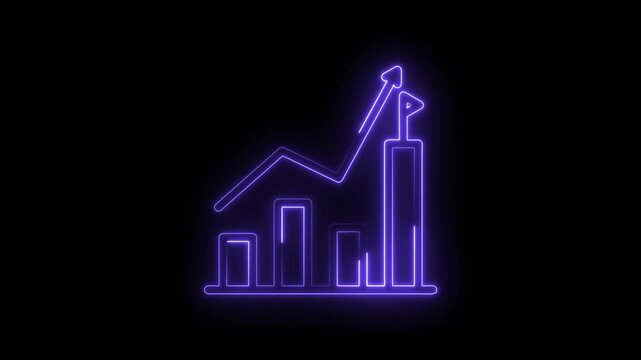 Neon graph rising upwards with arrow and flag indicating success and growth on black icon