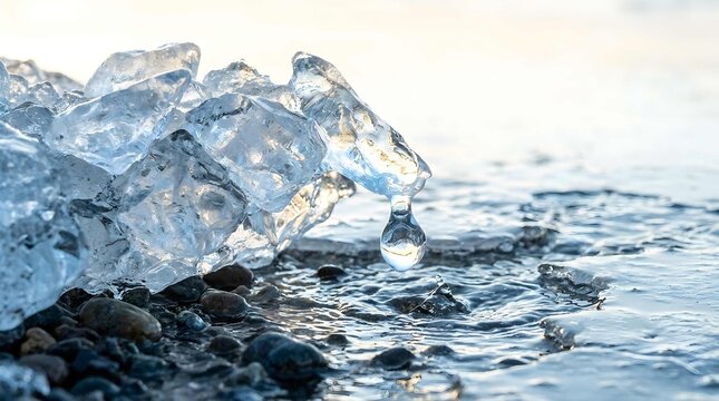 Floating ice chunks fill Arctic fjord landscape with icy water and rocky shoreline