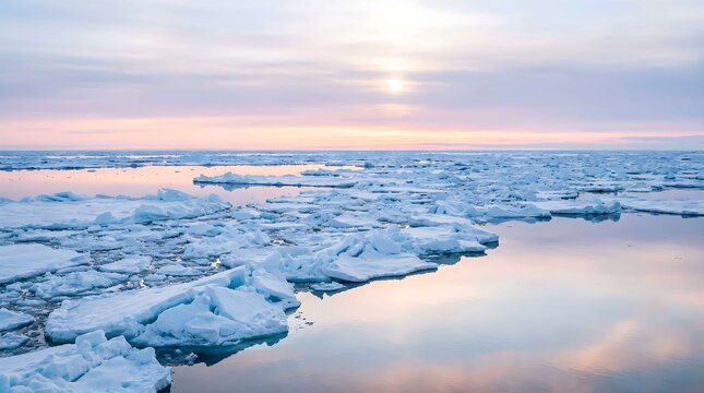 Floating ice shelves drift across the calm arctic waters at sunrise