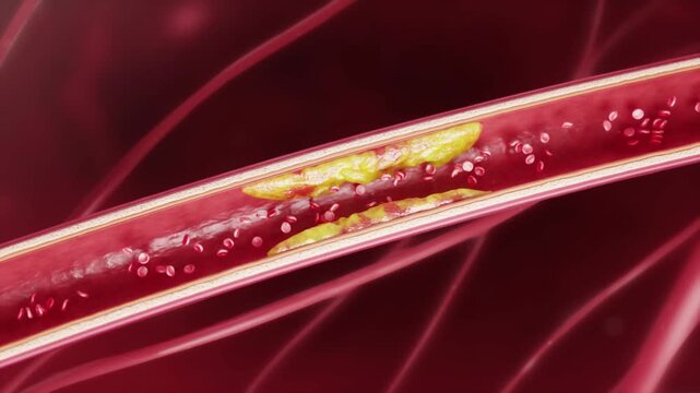 Blood vessel blockage: lipids accumulate on vessel walls, causing narrowing and obstructing blood flow. Arteriosclerosis leads to ischemia. Medical visualization of cardiovascular pathology. 3D render