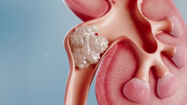 Obstructive stones in the renal pelvis and ureter erode the ureteral lining, leading to hemorrhage and acute urinary disease. 3D medical visualization of renal injury.