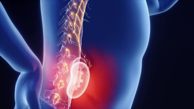 Holographic human body shows kidney stone pain traveling along nerve pathways to the brain. 3D animation of pain signal transmission from renal pelvis to cerebral cortex.