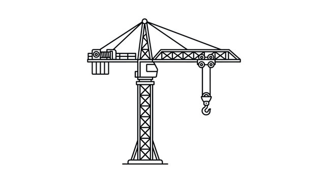 Detailed line art drawing of a construction tower crane lifting heavy loads at a city building site, symbolizing industry and infrastructure development.