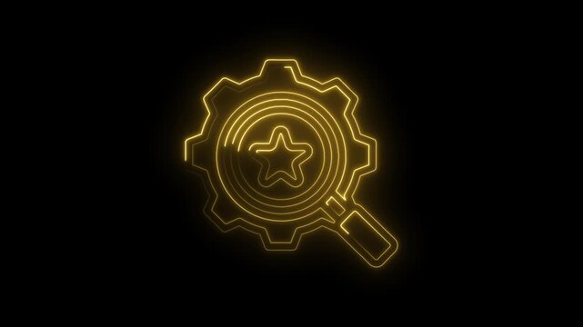 Neon glowing gear magnifying glass with star inside search optimization process concept... icon