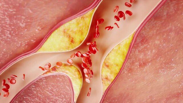Blockage of heart vessels: blood clots, atherosclerotic plaques, and vascular debris accumulate, leading to myocardial infarction and ischemia. 3D animation illustrates the concept of heart disease.