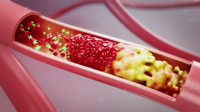 Drug molecules dissolve clots and clear vascular debris, restoring vessel elasticity and health. This treatment effectively manages cardiovascular and cerebrovascular diseases. 3D animation.