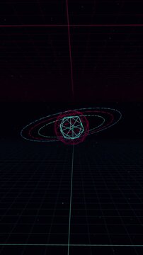 Retro Wireframe Planet with Orbiting Rings Rotating on Neon Grid Animation Loop