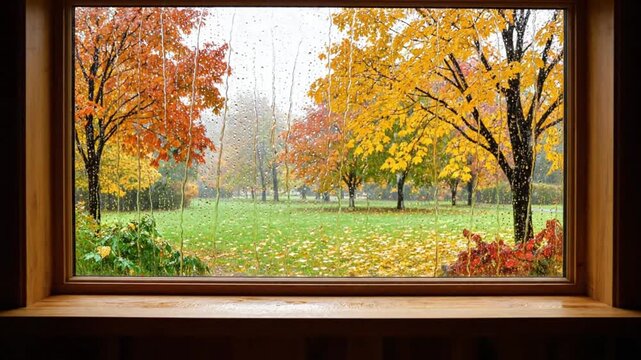 Raindrops falling on window overlooking colorful autumn park
