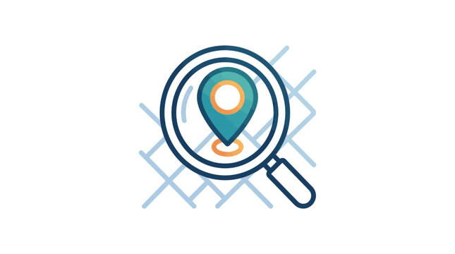 A stylized magnifying glass icon with a location pin, symbolizing search and navigation in a modern digital context, with a minimalist artistic style.