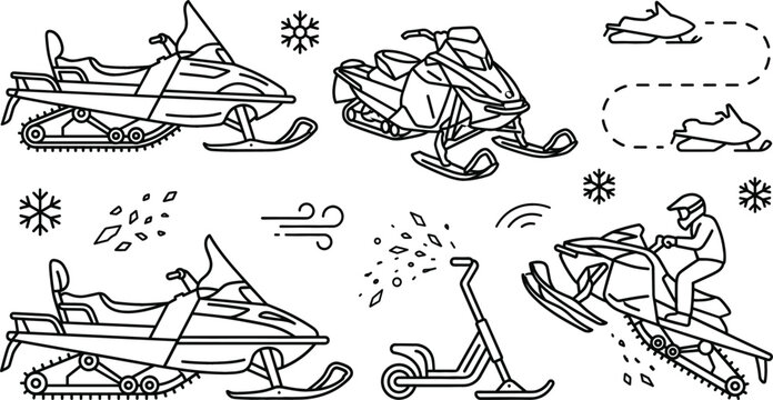 Snowmobile line art vector icons set featuring winter motorsport vehicles snow scooters rider helmet jumping and snowflakes