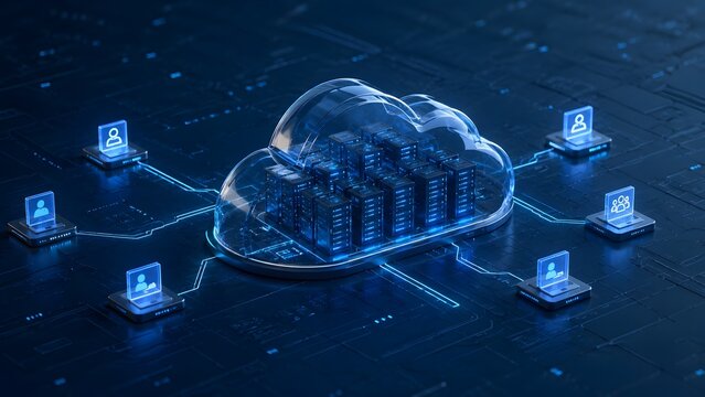 Transparent glass cloud computing concept containing black server racks surrounded by connected laptop user terminals
