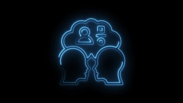 Neon outline of two human heads facing each other with a thought cloud above containing user... icon