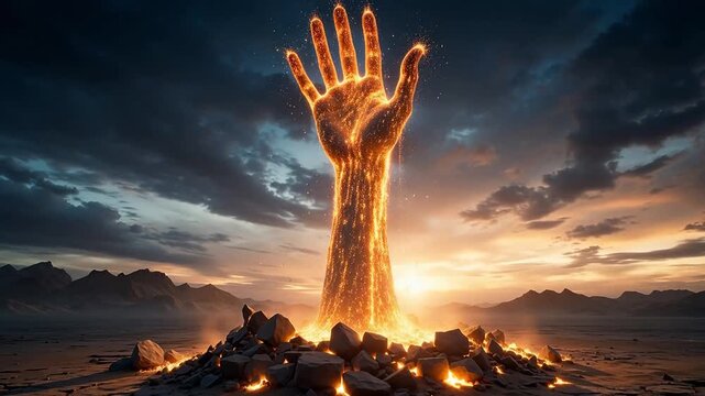 Giant Particle Hand Reaching Up From The Earth