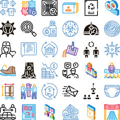 Obraz premium Abstract grid displaying diverse line and flat icons representing business, finance, logistics, planning, collaboration, recycling, healthcare, and global issues on a white background