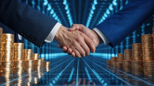 Professional business handshake over stacks of gold coins, financial partnership and investment success, corporate deal in digital data environment