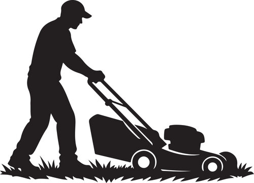 Man mowing lawn with a lawnmower icon grass gardening silhouette vector
